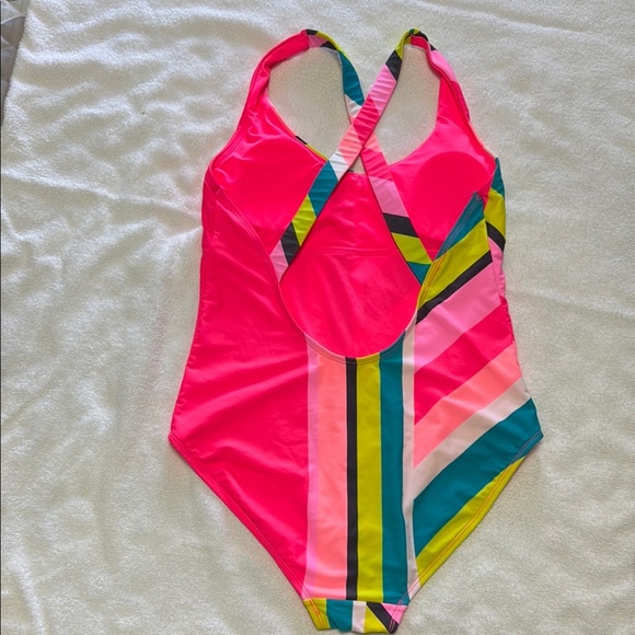 Kids Striped One Piece Swimsuit - Pink and Green - Picture 2 of 3